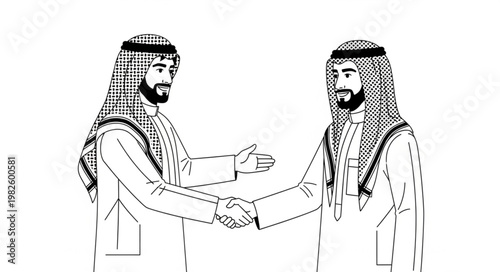 Two Arab men shaking hands in traditional attire, business agreement.
