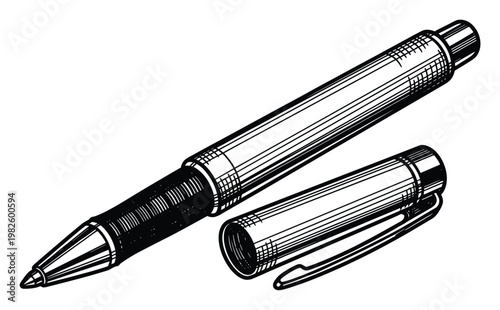 Detailed monochrome line drawing of a rollerball pen showcasing its design and functionality ideal for stationery promotions school project visuals and business related graphic assets