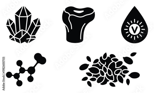 Glyph collection of essential natural and scientific elements including vibrant crystals bone structure vitamin droplet chemical molecule and organic seeds perfect for health and