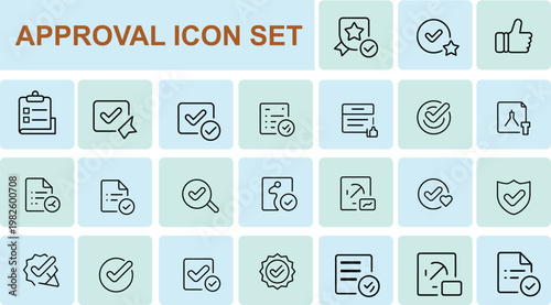A comprehensive collection of flat line art icons representing approval and verification processes for digital use