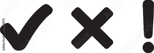A clean and professional vector set of high-contrast black icons including a check mark, cross, and exclamation point.