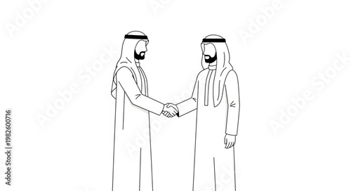 Two Arab men shaking hands, symbolizing agreement and partnership in business.