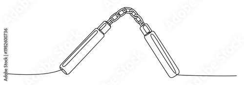 Continuous single line drawing of nunchaku, a classic martial arts weapon, excellent for dynamic vector graphics, minimalist sports branding, and modern design applications.