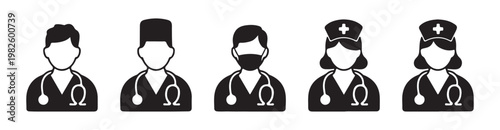 Medical staff avatars set including doctor nurse and surgeon icons with stethoscopes for healthcare team.