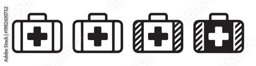 First aid kit icons collection featuring medical briefcase symbols for emergency response and safety gear.