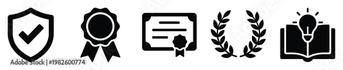Set of black silhouette icons symbolizing security, quality assurance, academic achievement, excellence, and valuable knowledge for professional and educational content