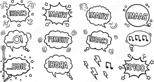 A playful collection of hand-drawn comic book speech bubbles and action onomatopoeia in a minimalist black-and-white line art style.