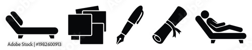 Essential set of therapy, education, and writing related symbols for mental health services, academic presentations, and professional content creation