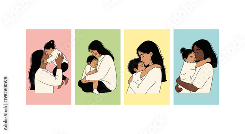 Four women in white blouses sitting on a couch, each holding a tablet, in different pastel-colored rooms