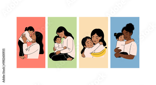 Four diverse women in business attire working on laptops at wooden desks, flat woman workspace