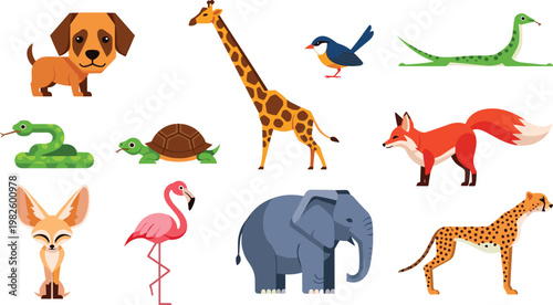 Wild and Exotic Animal Vector Set Featuring Giraffe Elephant Cheetah Fox Flamingo Snake and Dog