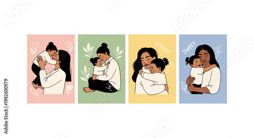 Four diverse women in business attire using smartphones and laptops, flat woman suit