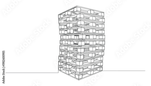 Wireframe drawing of a tall stack of industrial wooden pallets, perfect for logistics, shipping, transportation, storage, and warehouse industry visual content