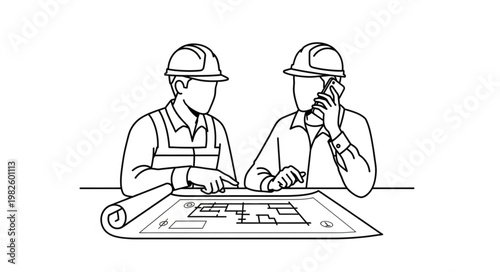 Two construction workers discussing blueprints on a table.