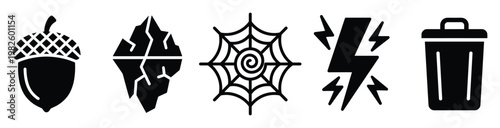 Essential collection of black glyph icons featuring an acorn, an iceberg, a spiderweb, lightning, and a trash can, ideal for contemporary app interfaces, digital products, and conceptual