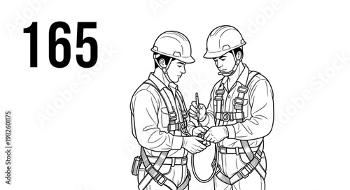 Two construction workers in hard hats and safety harnesses discussing plans.