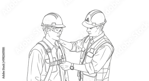 Two construction workers in hard hats and safety vests assisting each other.