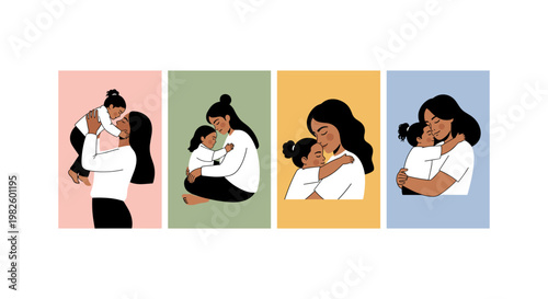 Four diverse women in business attire sitting at a table, holding coffee cups, in a flat woman people