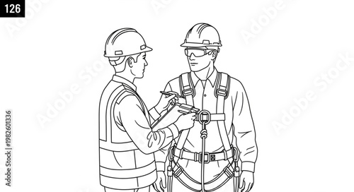 Two construction workers in hard hats and safety vests inspecting a harness.