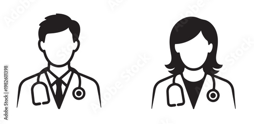 Doctor and nurse icons couple, professional medical staff, healthcare assistance, white background, flat design.
