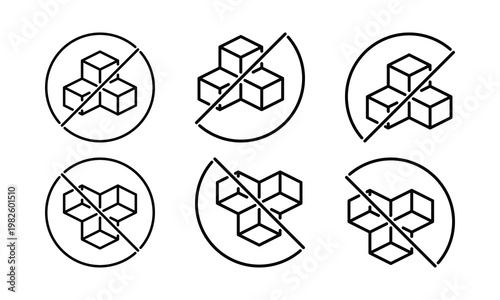 Cube Vector Icons: Prohibition Slashes, Crossed Lines, Circular Diagonal Bans on 3D Sugar Blocks