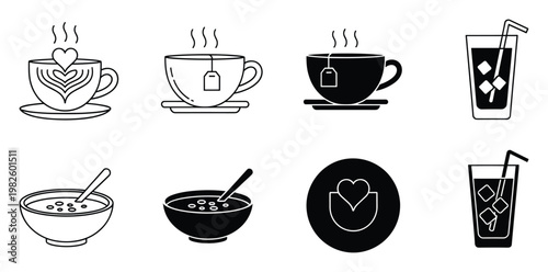 A collection of steaming hot coffee, tea, refreshing cold drinks, and comforting soup icons, perfect for modern restaurant menus, cafe branding, and mobile application interfaces.