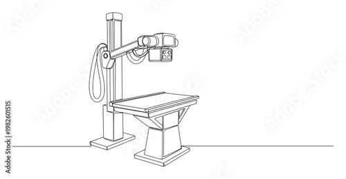 Medical imaging equipment featuring an Xray machine and examination table for diagnostic procedures and healthcare applications in clinics and hospitals