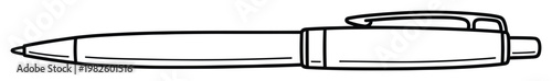 Essential black outline drawing of a classic ballpoint pen with a retractable tip and cap perfect for office supply themed graphics educational materials or business communication