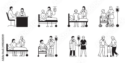 Hospital scene icons doctors nurses patients receiving medical care, treatment, and assistance, vector set.