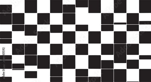 An abstract digital pattern featuring a grid of black and white squares and rectangles with slight irregular shifts, creating a modern, minimalist checkerboard effect.