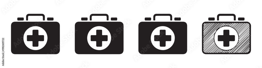 Obraz premium First aid kit icon collection featuring emergency medical suitcases in different graphic styles for help.