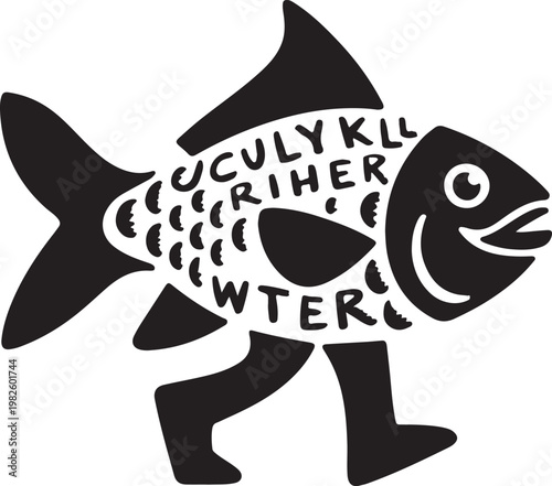 Walking fish with legs and text on body black and white walking animal character illustration whimsical creature character abstract movement artistic humorous imagination stylized