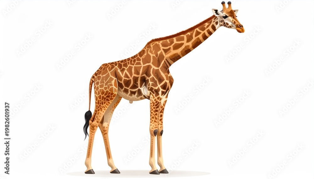 Obraz premium A tall, brown giraffe with patterned spots stands isolated on a white background