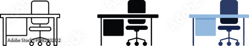 Office workspace interior vector icon illustration set. desk and chair vector line and silhouette concept.