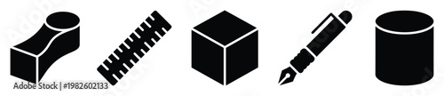 Essential stationery and geometric shape icons featuring a ruler, pen, cube, and cylinder, perfect for educational content, product design, or professional branding assets