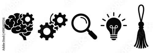 Collection of intellectual and academic icons featuring brain, gears, magnifying glass, light bulb, and tassel to represent knowledge, ideas, and educational achievements