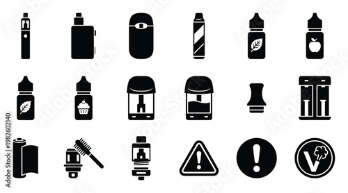 Comprehensive collection of vaping device icons including eliquid flavors, components, and safety warnings for web applications, infographics, or product packaging designs.