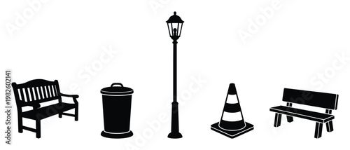 Collection of essential urban street furniture silhouettes including park benches, a lamp post, a waste bin, and a traffic cone perfect for architectural plans or public space design