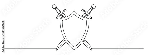 Continuous line drawing of a medieval shield with crossed swords behind it symbolizing courage and protection, ideal for game logos and security emblems.