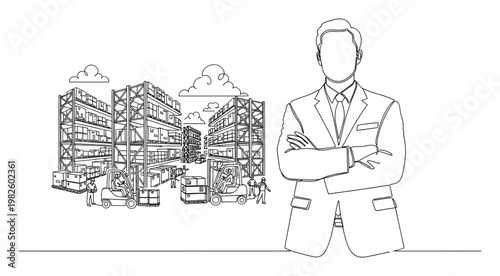 Professional businessman overseeing efficient warehouse logistics operations with forklifts and storage racks, ideal for corporate presentations and supply chain solutions.