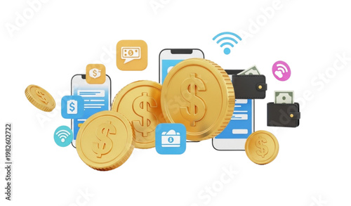 Vector Set of Digital Coins, Smartphones, and Online Finance Icons for E-commerce, Digital Payments, and Technology Designs