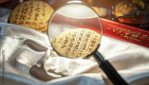 Magnifying Glass Examines Ancient Script On Stone Artifact For Historical Paleography Study, Revealing Cultural Heritage
