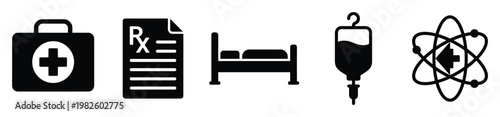 Essential medical healthcare icons set including first aid kit prescription document hospital bed IV drip and science symbol for health applications and health research purposes