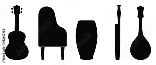 Collection of musical instrument silhouettes featuring a ukulele, grand piano, conga drum, and mandolin, ideal for music school marketing, event posters, or album cover designs.