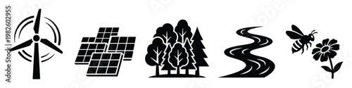 Sustainable energy and nature conservation icons depicting wind power, solar panels, trees, a river, and a bee with a flower for environmental project branding