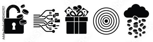 A collection of business and finance icons symbolizing security, data flow, financial reward, achievement, and prosperity for digital platforms and commercial presentations.