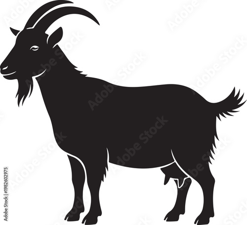 A clean, black profile silhouette of a goat with curved horns and a beard, isolated on a solid white background.