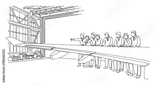 Aerospace engineers inspecting a large airplane wing in a manufacturing hangar, collaborating on aircraft design and production for industry and educational presentations