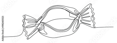 A single continuous line drawing of a sweet candy in its wrapper creating a minimalist graphic element for snack food branding or confectionery packaging designs