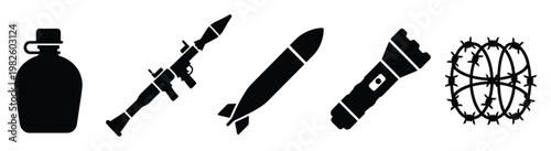 Silhouette icon set depicting essential military and survival equipment like a rocketpropelled grenade launcher, bomb, canteen, tactical flashlight, and a barbed wire globe, perfect for